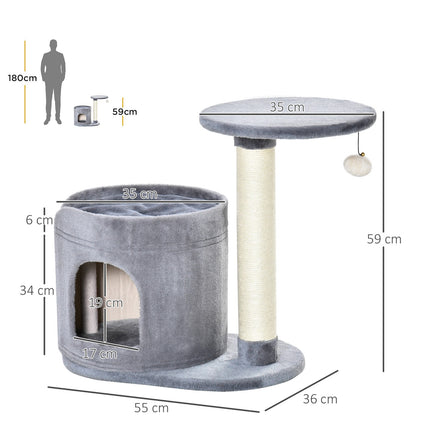 Cat scratching post with cave and toy ball, sisal rope, gray