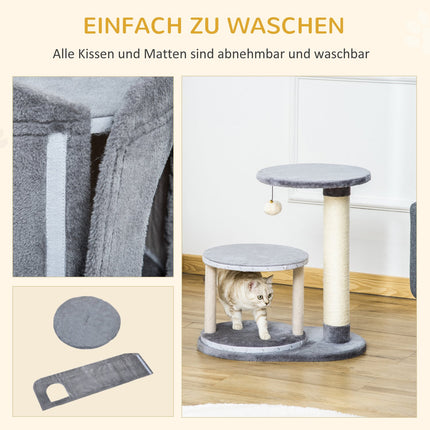 Cat scratching post with cave and toy ball, sisal rope, gray