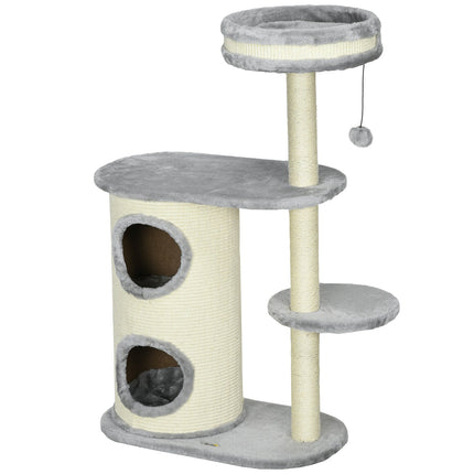 Cat Scratching Tower: 2 Caves, Rope Posts, Plush, Gray