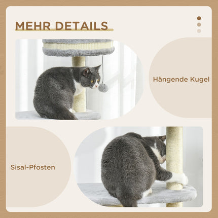 Cat Scratching Tower: 2 Caves, Rope Posts, Plush, Gray