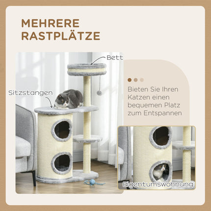 Cat Scratching Tower: 2 Caves, Rope Posts, Plush, Gray