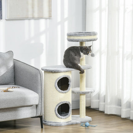 Cat Scratching Tower: 2 Caves, Rope Posts, Plush, Gray