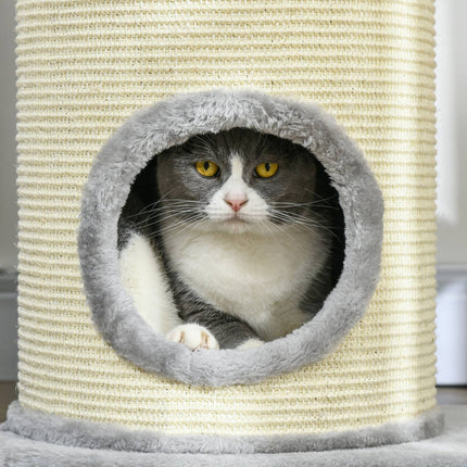 Cat Scratching Tower: 2 Caves, Rope Posts, Plush, Gray