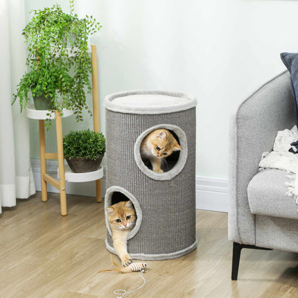 Cat Scratching Tower, 2 Levels, Sisal & Plush, Light Grey