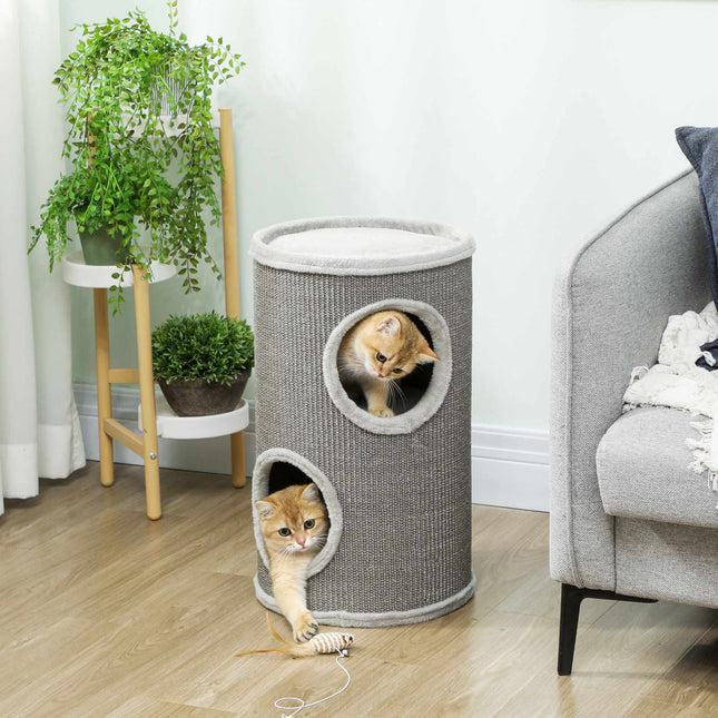 Cat Scratching Tower, 2 Levels, Sisal & Plush, Light Grey