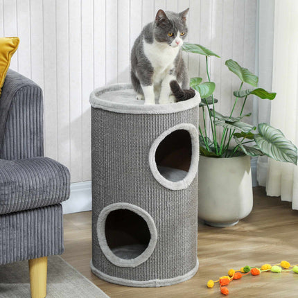 Cat Scratching Tower, 2 Levels, Sisal & Plush, Light Grey