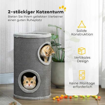 Cat Scratching Tower, 2 Levels, Sisal & Plush, Light Grey