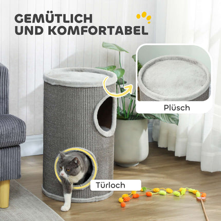 Cat Scratching Tower, 2 Levels, Sisal & Plush, Light Grey
