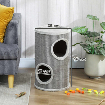 Cat Scratching Tower, 2 Levels, Sisal & Plush, Light Grey