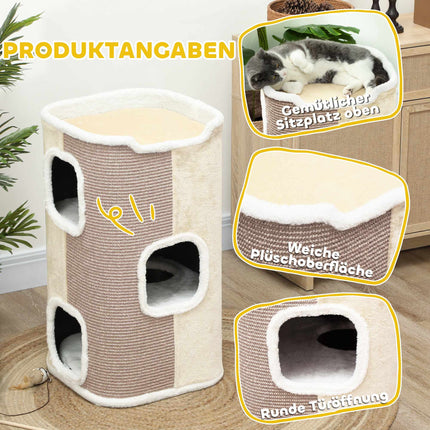 Cat Scratching Tree, 3 Levels, Soft Plush, Beige