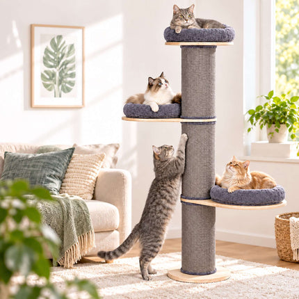 Cat Scratching Tree with 3 Cushioned Platforms, 187 cm – Grey, Sisal Post