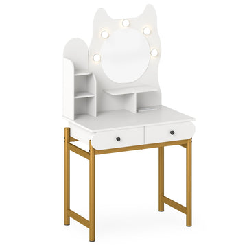 Cat-Shaped Vanity Table with Mirror, LED Lights, Drawers