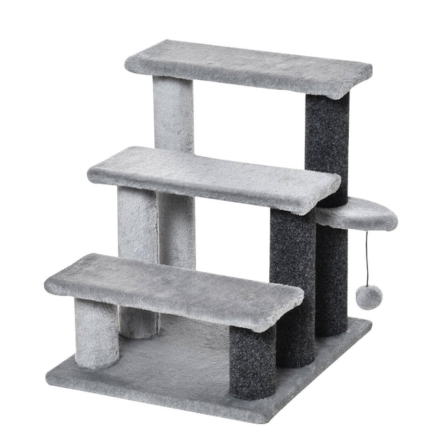 Pet stairs, 3 steps with play ball, plush gray 45x40x48cm