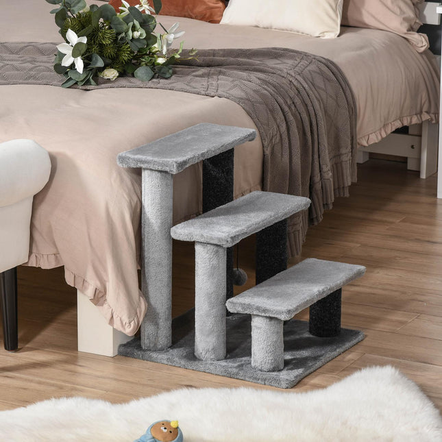 Pet stairs, 3 steps with play ball, plush gray 45x40x48cm