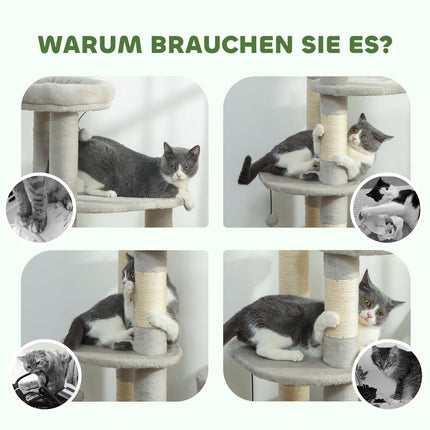 Cat Tower 114 cm, Sisal Posts, Multi-Level, Light Grey