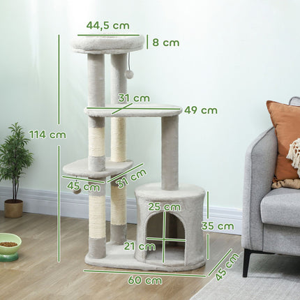Cat Tower 114 cm, Sisal Posts, Multi-Level, Light Grey