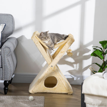 Beige Cat Tower – Scratching Post, Cave and Hammock