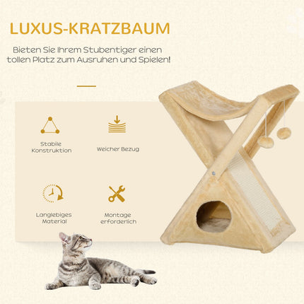 Beige Cat Tower – Scratching Post, Cave and Hammock