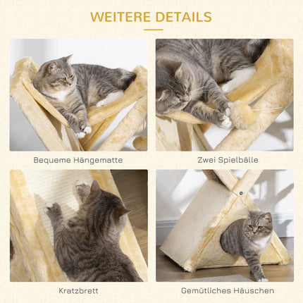 Beige Cat Tower – Scratching Post, Cave and Hammock
