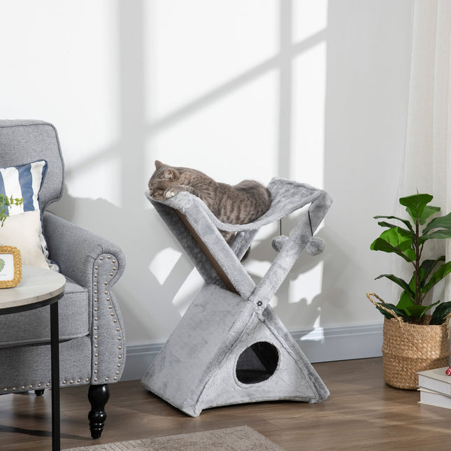 Gray cat tower with hammock and cave, sisal and plush