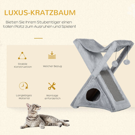 Gray cat tower with hammock and cave, sisal and plush