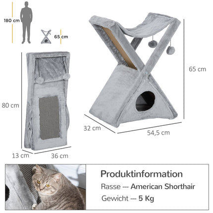 Gray cat tower with hammock and cave, sisal and plush