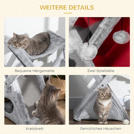 Gray cat tower with hammock and cave, sisal and plush