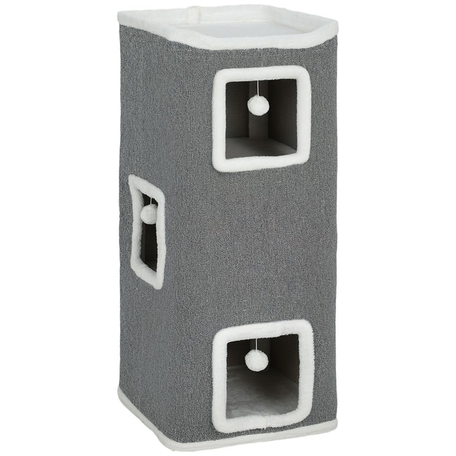 Cat Tower with 3 Caves, Gray, Chipboard, Play Balls
