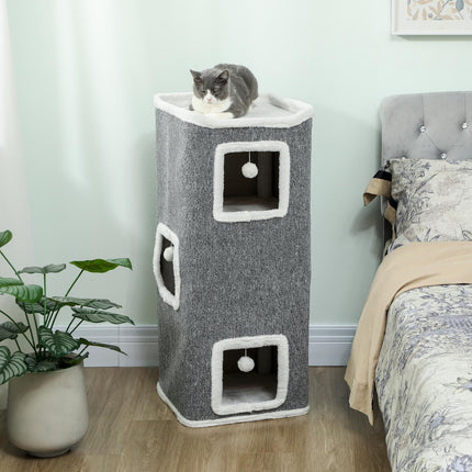 Cat Tower with 3 Caves, Gray, Chipboard, Play Balls