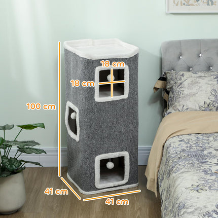 Cat Tower with 3 Caves, Gray, Chipboard, Play Balls