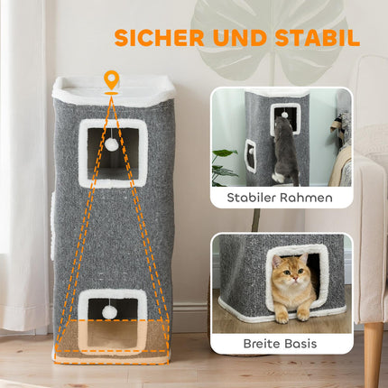 Cat Tower with 3 Caves, Gray, Chipboard, Play Balls