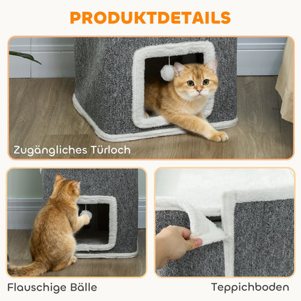 Cat Tower with 3 Caves, Gray, Chipboard, Play Balls