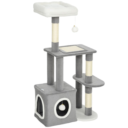 Cat Tower with Cave, Sisal Posts, Plush Balls, 107 cm, Gray