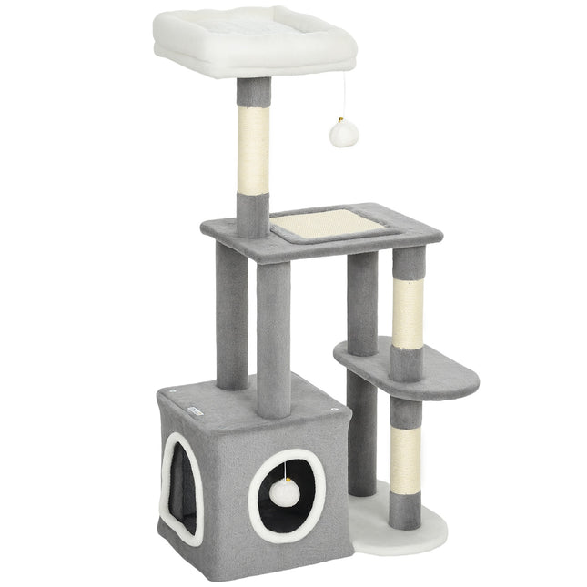 Cat Tower with Cave, Sisal Posts, Plush Balls, 107 cm, Gray