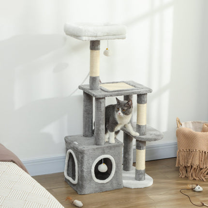 Cat Tower with Cave, Sisal Posts, Plush Balls, 107 cm, Gray