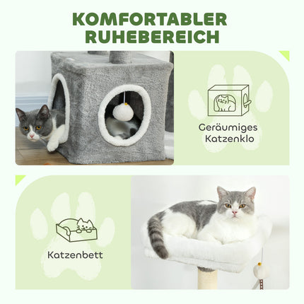 Cat Tower with Cave, Sisal Posts, Plush Balls, 107 cm, Gray