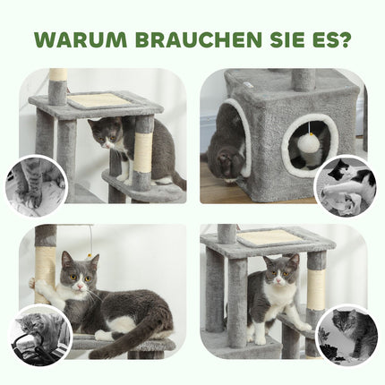 Cat Tower with Cave, Sisal Posts, Plush Balls, 107 cm, Gray