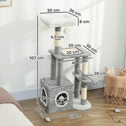 Cat Tower with Cave, Sisal Posts, Plush Balls, 107 cm, Gray