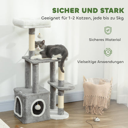 Cat Tower with Cave, Sisal Posts, Plush Balls, 107 cm, Gray