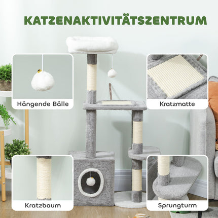 Cat Tower with Cave, Sisal Posts, Plush Balls, 107 cm, Gray