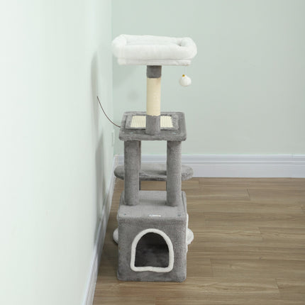 Cat Tower with Cave, Sisal Posts, Plush Balls, 107 cm, Gray