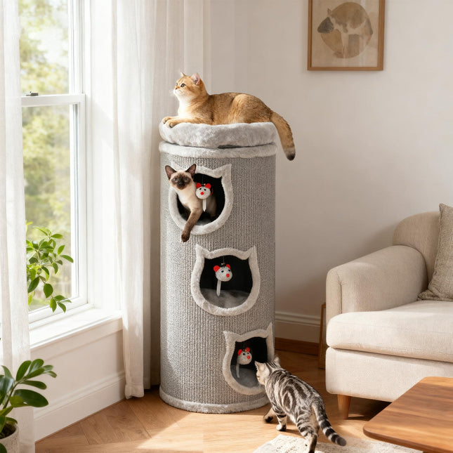 Cat Tower with Washable Bed, 96 cm, 3 Hideouts, Grey