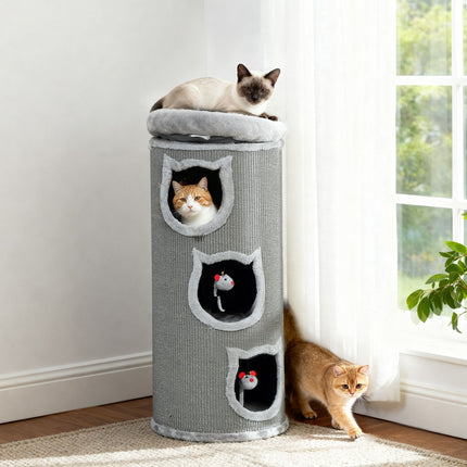Cat Tower with Washable Bed, 96 cm, 3 Hideouts, Grey
