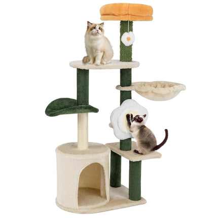 Cat Tree 114cm with Cave and Flower Seat – Green/Beige