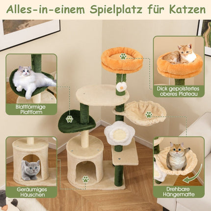 Cat Tree 114cm with Cave and Flower Seat – Green/Beige