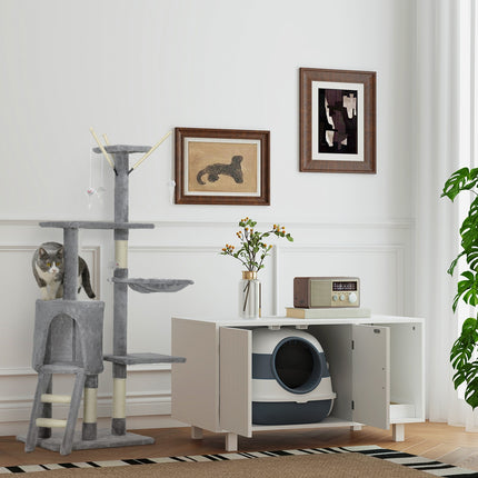 Tall cat tree with scratching post and toys, grey/white