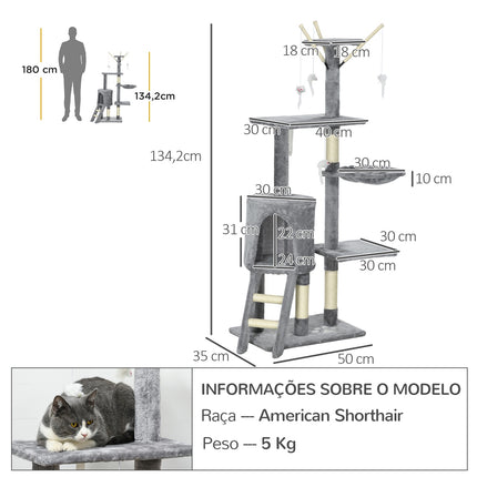 Tall cat tree with scratching post and toys, grey/white