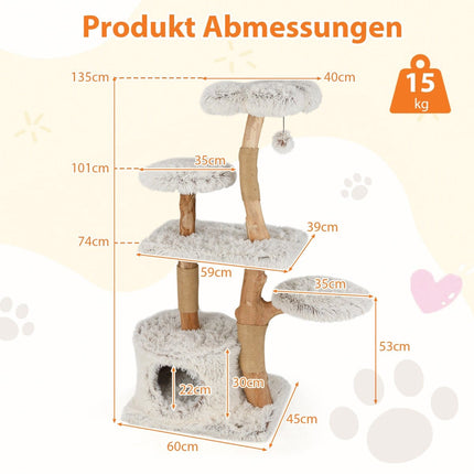 Cat Tree 135cm with Cave, Plush Seat, Scratch Posts