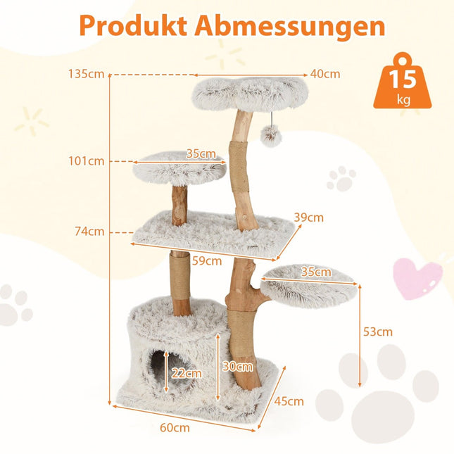 Cat Tree 135cm with Cave, Plush Seat, Scratch Posts