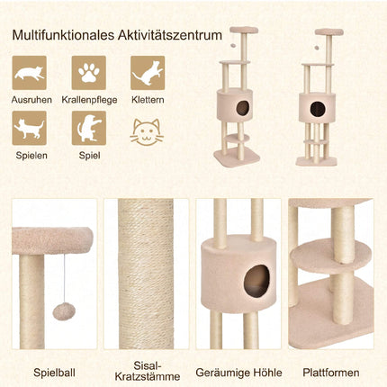 Cat Tree 148 cm with Cave, Sisal Posts, Beige